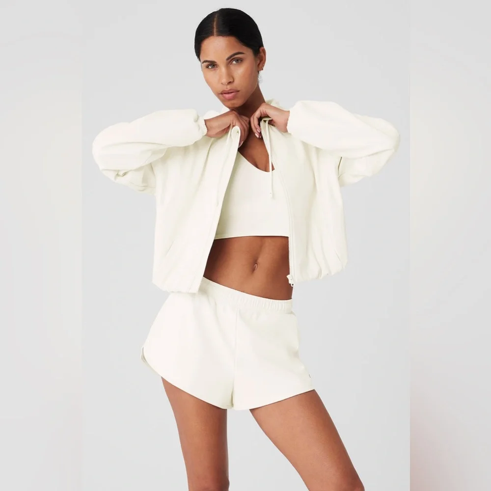 Alo Yoga Faux Leather Power Hour Full Zip Cropped Jacket Ivory Size Small